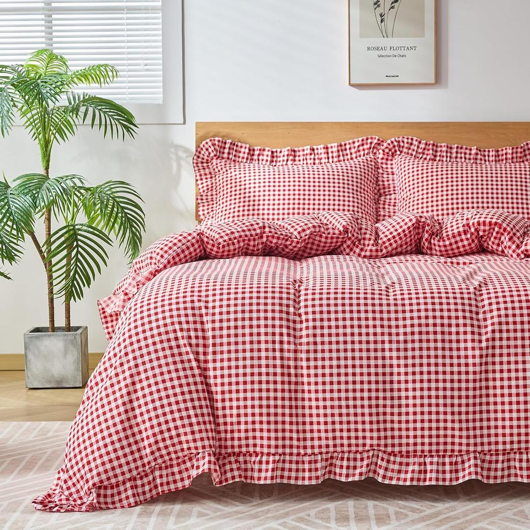 Gingham Duvet Cover Queen Size, 3 Pieces Soft Breathable Microfiber Plaid Comforter Cover with Zipper Closure & 2 Pillow Shams, Ruffle Farmhouse Vintage Decor, Red