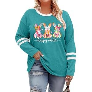 Plus Size Easter Shirts for Women Cute Bunny Rabbit Graphic Shirt Happy Easter Long Sleeve Tees Tops(Cyan, 4XL)