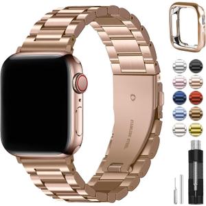 Fullmosa Compatible Apple Watch Bands 45mm 44mm 42mm, Metal iWatch Band with Case for Apple Watch Series 9 8 7 6 5 4 3 2 1 SE SE2, Rose Gold