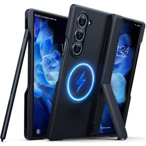 TORRAS Magnetic Armor Stand for Samsung Galaxy Z Fold 6, S Pen Holder, MIL-Grade Hinge Protection, Compatible with MagSafe, Invisible Kickstand, Slim Black Case (Z Fold 6 Case with S Pen Holder)
