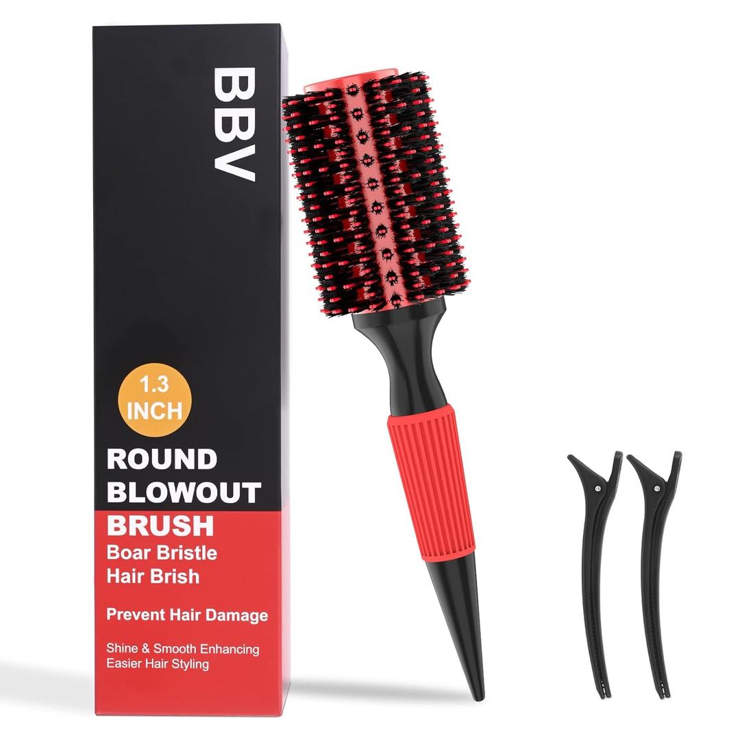 BBV Round Brush for Blow Out, Hair Brushes for Women, Boar Bristle Round Hair Brush for Curling, Styling, Volume & Shine, Red and Black (1.3 INCH)
