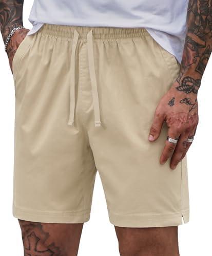 Herberton Men Casual Shorts Cotton 6'' Inseam Elastic Waist Drawstring Daily Shorts with Pockets, Beige, XL