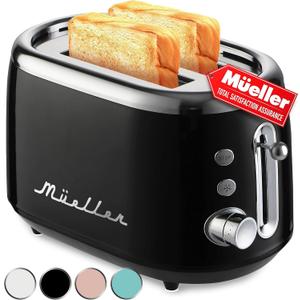 MUELLER HOME Retro Toaster 2 Slice, 7 Browning Levels, 3 Functions (Reheat, Defrost, Cancel), Stainless Steel Features, Removable Crumb Tray, Under Base Cord Storage, Black