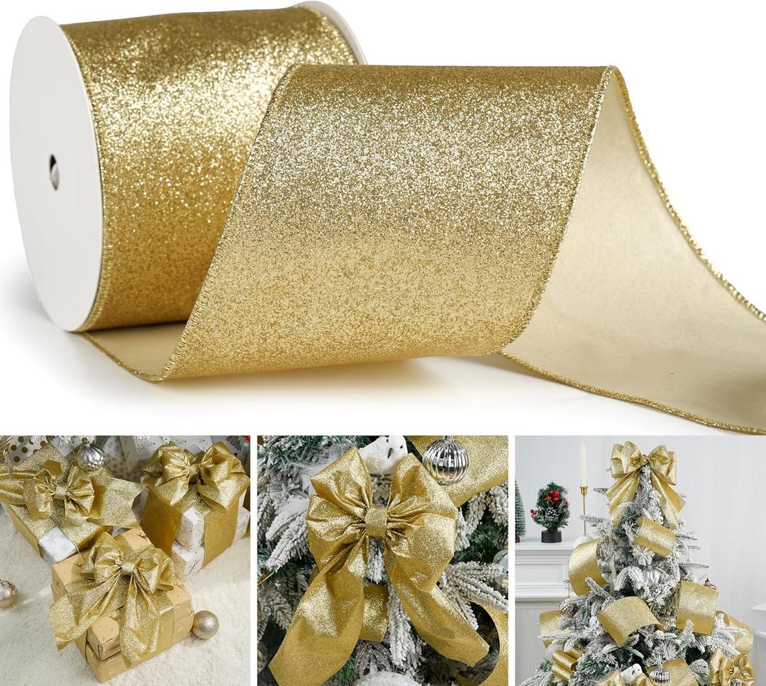 Gold Glitter Wired Ribbon 4" x 10 Yards Sparkling Gold Christmas Tree Ribbon for Bows Making, Wreaths and Garlands, Home Decor, Gift Wrapping, Swag, Front Porch, Mailbox