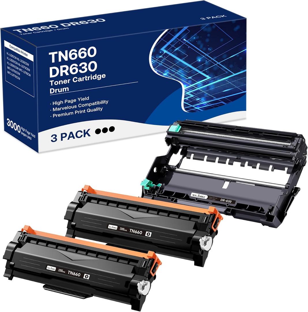 Compatible Toner Cartridge & Drum Unit Replacement for Brother TN660 TN-660 TN630 DR630 Work with HL-L2300D HL-L2360DW DCP-L2520DW MFC-L2700DW MFC-L2740DW Printer (Black, 3 Pack)