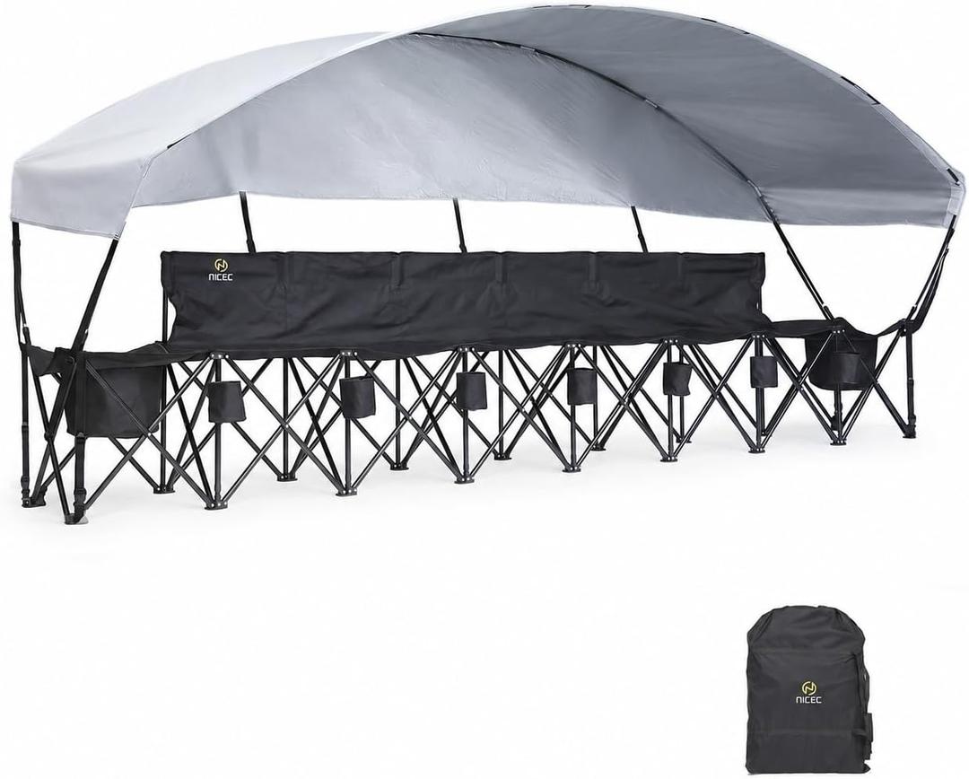 Nice C 6 Seat Folding Team Bench with Canopy & Cooler (Black), Large