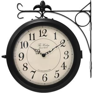BESTIME 66276B Double Sided Metal Wall Clock with Black Frame.Dial: 10-Inch,Quiet,Easy Read,Retro Station,Antique Hanging Clocks for Garden,Home Decor,Indoor,Outdoor,Living Room., Medium