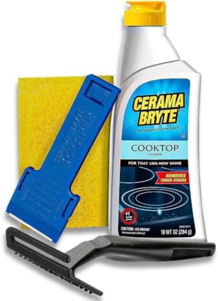 Cerama Bryte Glass Cooktop Cleaner Combo Kit with POW-R Grip, Scraper, Pad Removes Tough Stains, Stovetop Cleaner for Glass - Ceramic Surfaces, 10 Ounces, 4 Piece