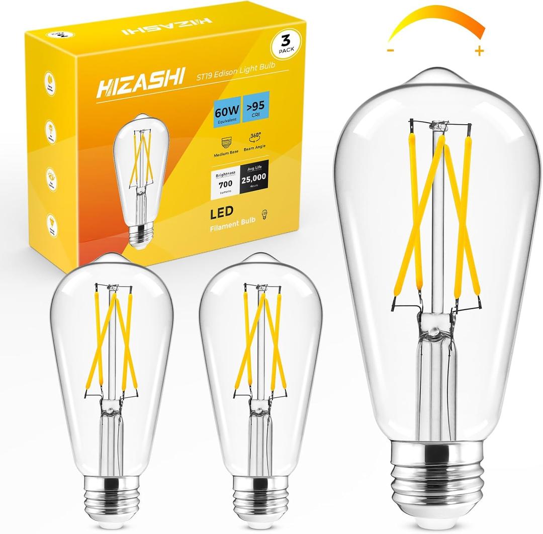 Hizashi Vintage LED Edison Bulb Dimmable, 6W Equivalent 60W, 3000k Soft White, E26 Base Led Light Bulbs, 700LM, UL Listed, High CRI 95+ Eye Protection, Clear Glass, Pack of 3