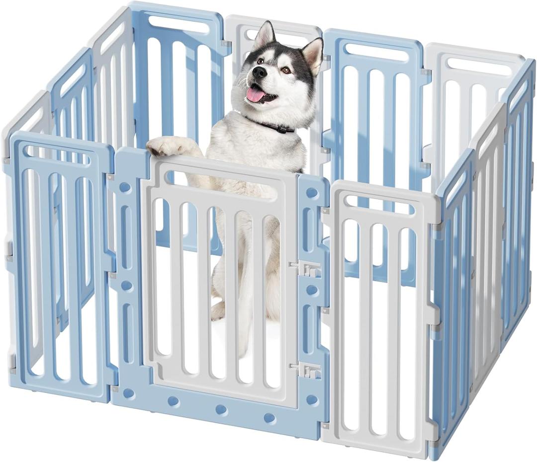 Dog Fence Pet Playpen Clear Puppy Cat Medium Small Play Pen Foldable Kennel Indoor Outdoor Whelping Box for Dogs with Gate (Blue + White, 12 Panels+1 Door)