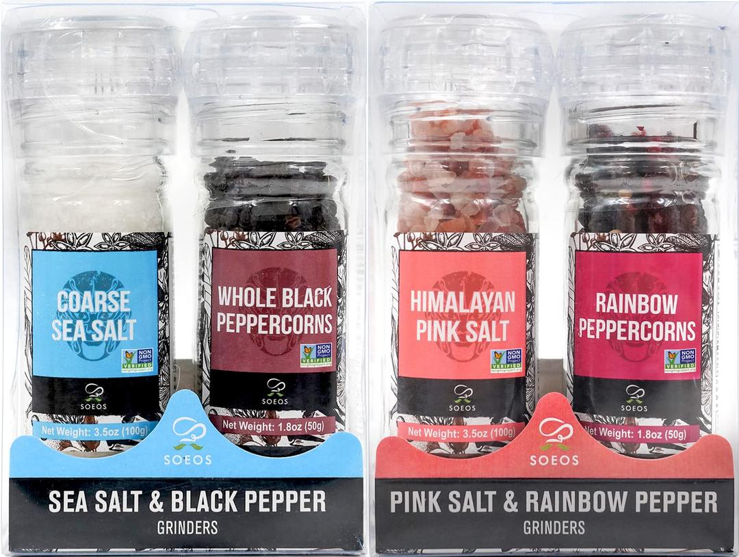 Soeos Spice Seasoning Set of 4, 10.6 oz(300.5g), with Integrated Grinders, Salt and Pepper Grinder Set, Spicy Garlic, Garlic & Herbs, BBQ Seasoning Gift Set, Seasonings Gift Set