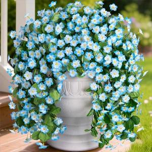 Artificial Fake Hanging Plants Flowers for Outdoor 2 PCS Faux Silk Blue Orchid Vines Bouquet for Wall Home Porch Patio Outside Party Wedding Decoration