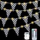 Aurelema Light up Black and White Checkered Flag Banner, 32.8 ft Racing Flags Plastic Race Checkered Pennant Banner with 8 Light Modes for Race Themed Party Decorations Supplies