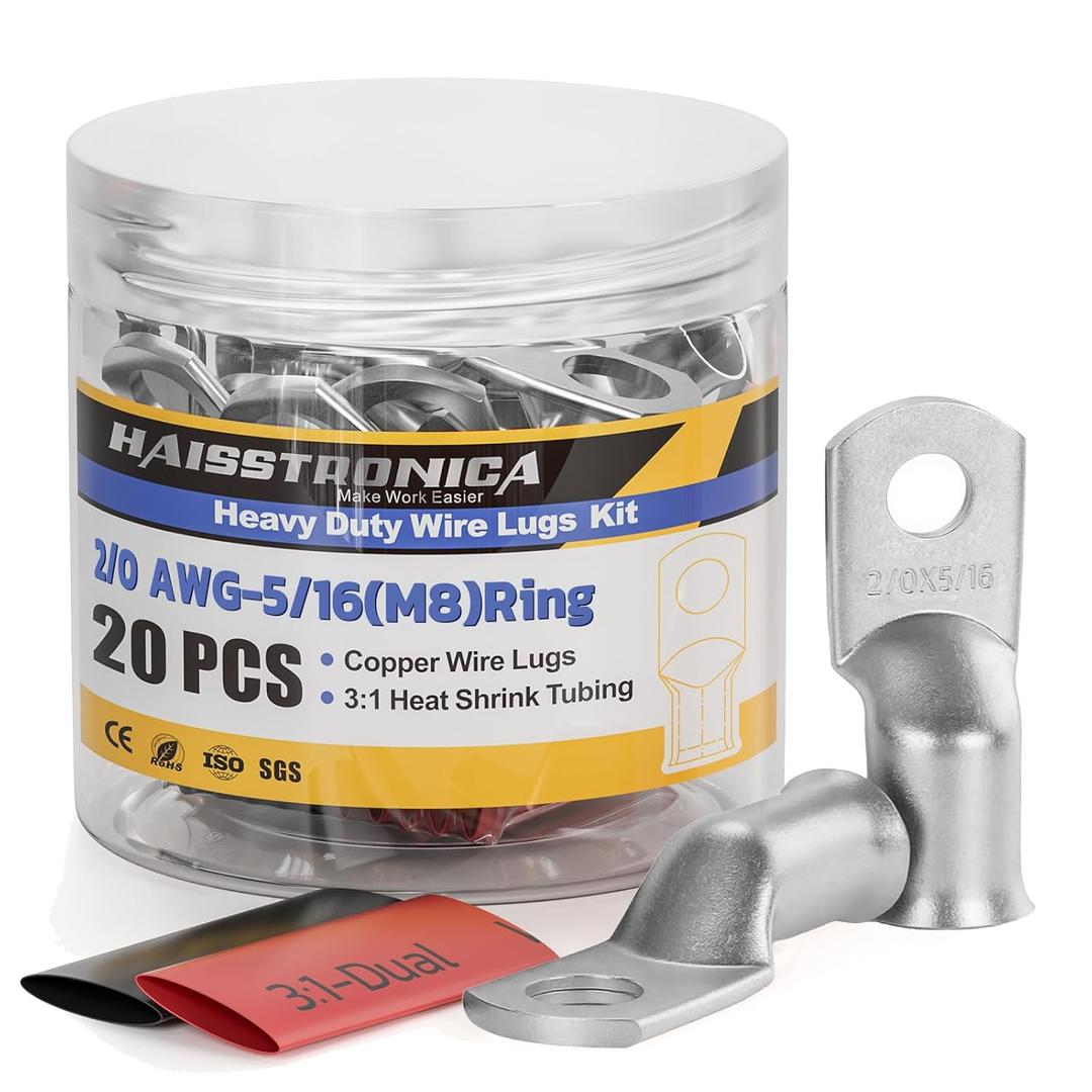 haisstronica 10pcs 2/0 AWG - 5/16"(M8) Tinned Copper Battery Lugs, Heavy Duty Wire Lugs with 10pcs 3:1 Adhesive Heat Shrink Tubing, 00 Gauge Wire Lugs, Tinned Copper Battery Cable Ends