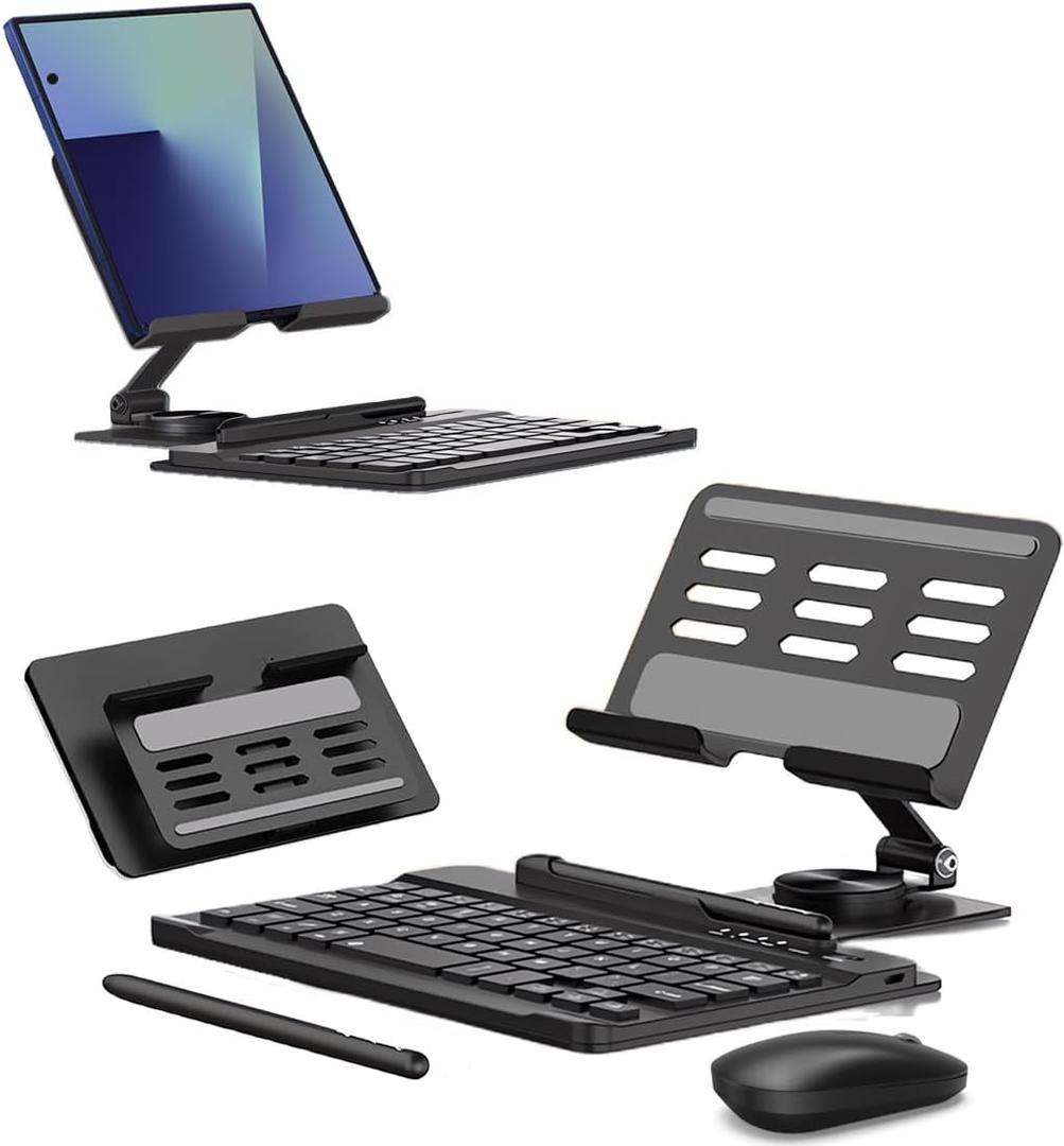 for Samsung Galaxy Z Fold 7 6 5 Trifold Stand and Keyboard, Aluminum Foldable Phone Stand Holder for Desk, 7.9 inch Mini Bluetooth Keyboard, 4 in 1 Portable Set Include Mouse and Pen (Black)