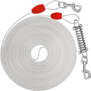 Petbobi Dog Tie-Out Cable 30ft - Outdoor Leash 4mm Metal Cable with Shock Absorbing Spring 360 Swivel Clips, Chain for Dogs Yard Camping, Fit Small Medium Large Pets Up to 120lbs, Reflective Silver