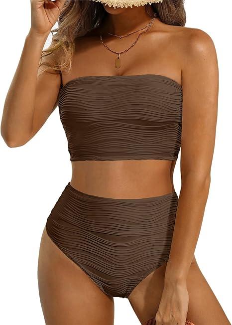 High Waisted Bandeau Bikini Set - Women Strapless Two Piece Swimsuits Ribbed Longline Full Coverage Bathing Suits Swimwear , L Brown