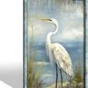 Sea Bird Wall Art Framed: Coastal Heron Wooden Picture Blue Ocean Seascape Painting Large Beach Seashore Prints Artwork for Bathroom Bedroom Living Room (45"L x 30"W)