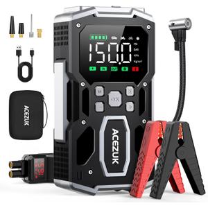 Portable Car Jump Starter with Air Compressor, ACEZUK 150PSI 8000A Jump Starter (All Gas/10.0L Diesel), 12V Battery Jump Box Car Battery Jumper Starter with 3.4" LCD Display, 2 Lights