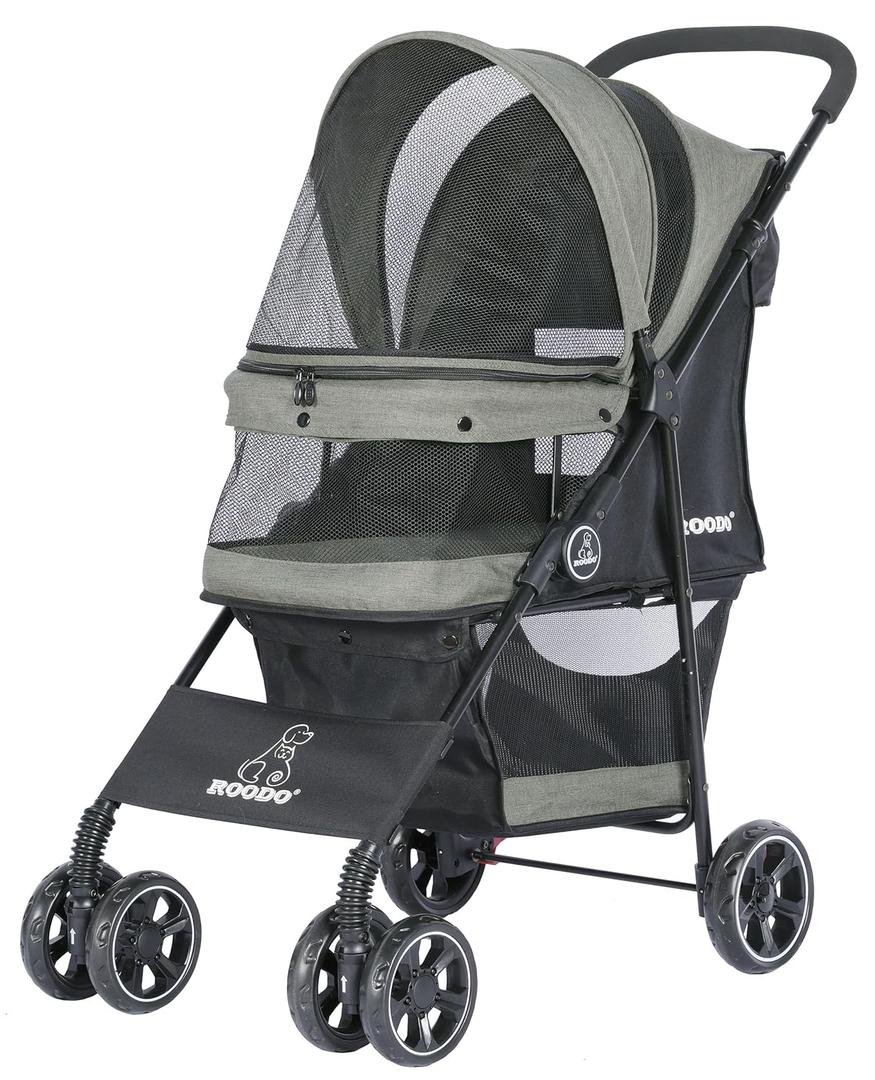ROODO 4 Wheel Dog Cat Pet Stroller Best Lightweight Foldable Compact Portable Jogger All Terrain Travel Pet Gear Puppy Doggie Bunny Kitty Stroller for up to 30lbs Medium Small Dogs Cats(sage Green)