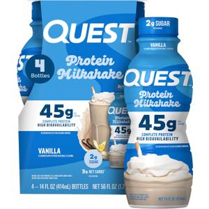Quest Nutrition Vanilla Protein Shake, 45g Protein, 2g Sugar, 3g Net Carbs, Ready to Drink, Gluten Free, 4 Count (EXP 05/18/26)