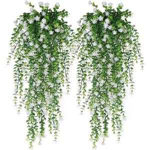 Artificial Hanging Flowers for Outdoor Indoor Decor, 6 Packs Fake Eucalyptus Vine Faux Flower Greenery Garland Plastic Plants Outside Wall Garden Wedding Home Party Decor (White)
