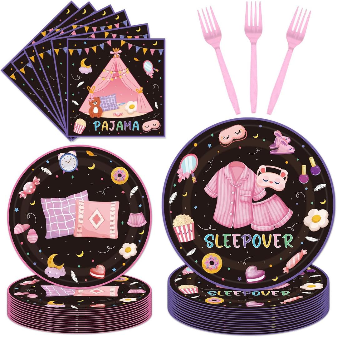 96PCS Sleepover Plates and Napkins Party Supplies Pajama Party Decorations Sleepover Party Supplies for Girls Slumber Themed Disposable Tableware Set Serve 24 Guests