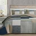 Chezmoi Collection Addy 3-Piece Navy Blue White Gray Taupe Plaid Patchwork Quilt Set - Pre-Washed Cotton Quiltd Lightweight Reversible Bedspread for All Seasons, Oversized King Size