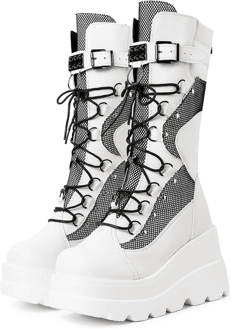 mikarka Womens Holographic Platform Mid Calf Combat Boots Lace Up Wedge Heel Studded Goth Knee High Boots, 39