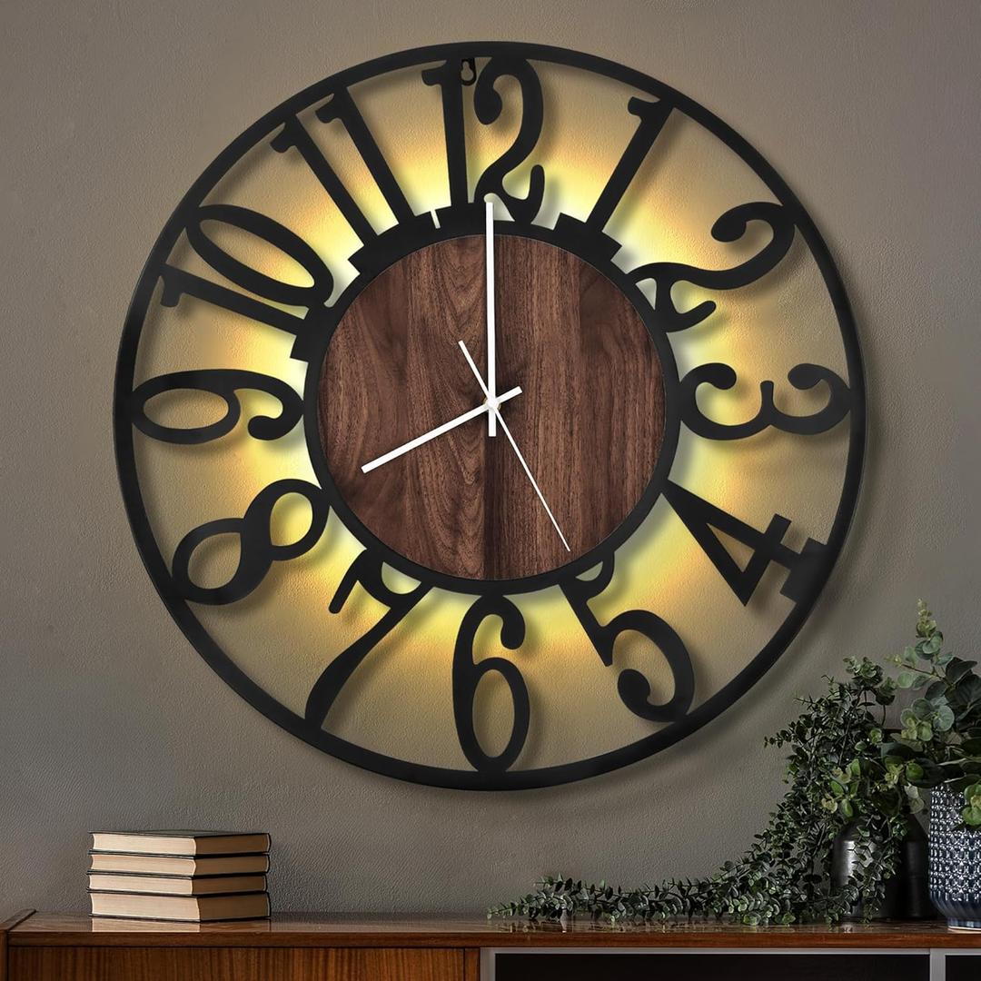 LEIKE Large Wall Clocks with Night Light Battery Operated,Silent Non Ticking,Rustic Modern Big Wood Clock for Living Room, Bedroom,Kitchen,Farmhouse,Office,Home Decor-24 Inch(Black-Arabic Number)