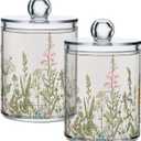 Qtip Holder with Lid Set, 10oz Clear Glass Canister Apothecary Jars Bathroom Organizers Storage Accessories Vanity Containers Wild Flowers Botanical,2 Pack