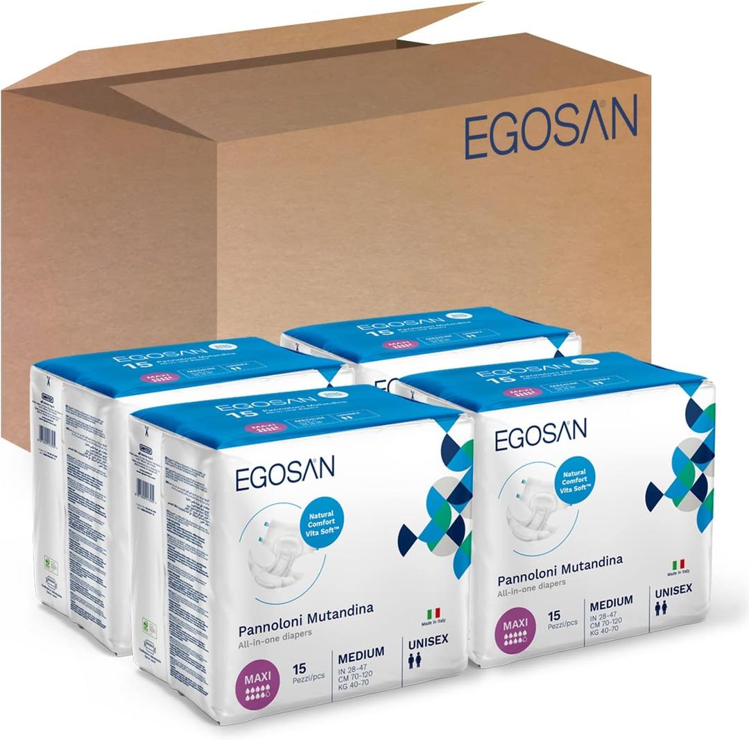 Egosan Maxi Incontinence Disposable Adult Diaper Brief Maximum Absorbency and Adjustable Tabs for Men and Women (Medium Case, 60-Count)