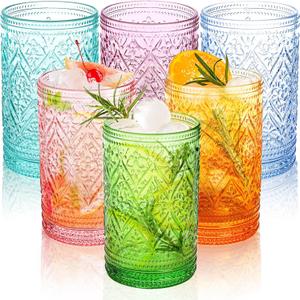 Fasmov 6 Pack 12 oz Drinking Glasses Set, Multicolor Water Glasses Tumblers, Vintage Glassware Drinking Glasses, Heavy Duty Vintage Glassware Set for Whisky, Juice, Beverages, Cocktail, Beer, Milk