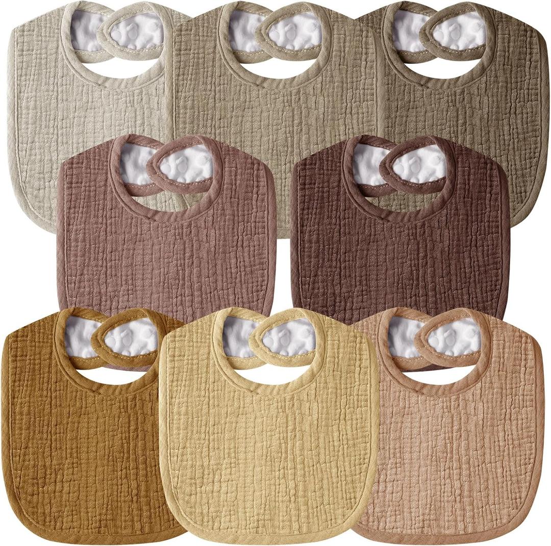 Muslin Baby Bibs for Unisex Boys Girls, Cotton Drool Bibs, Adjustable Newborn Bibs for Drooling and Teething (8 Pack-earth)