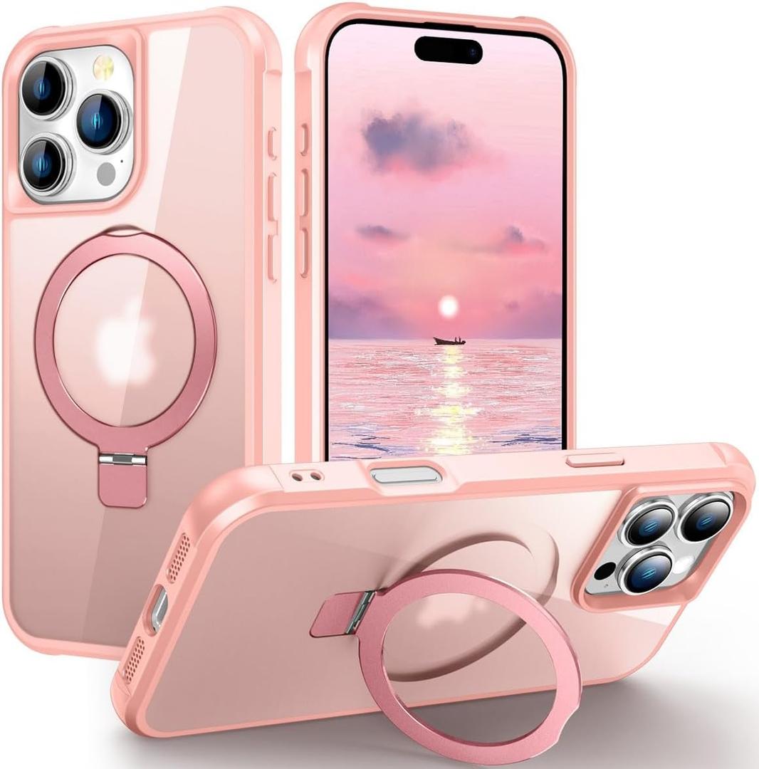 ZHOGTNEG for iPhone 16 pro max case, Built-in Metal Stand and Ring Holder, Magsafe Compatible, Military Grade Protection, Shockproof, Men's and Women's use - Pink