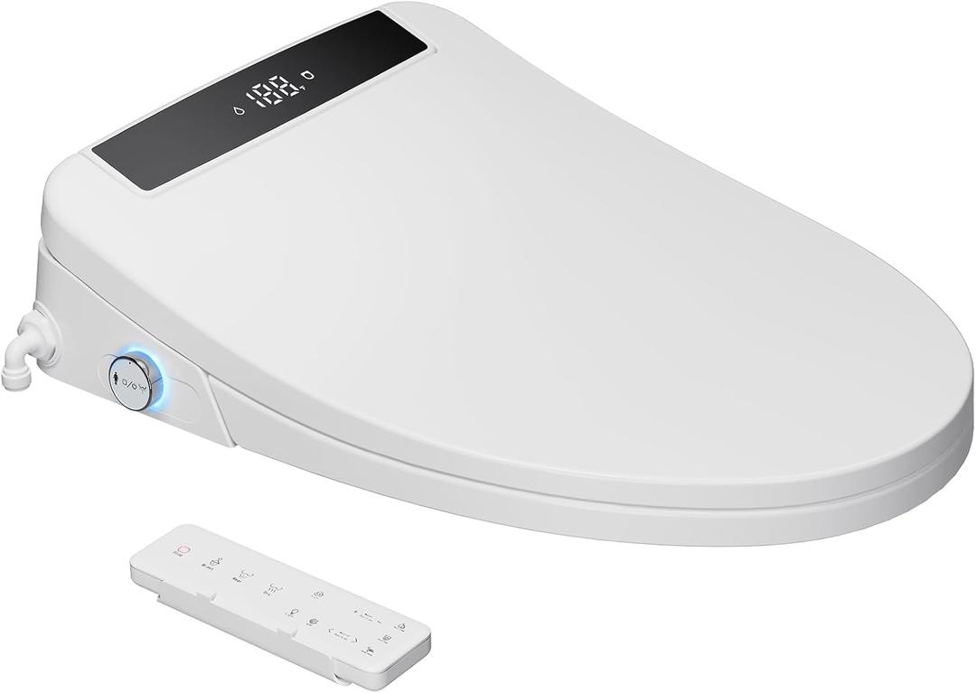 Hawkrown Electric Smart Bidet Toilet Seat Elongated, Upgraded Heated Bidet with Adjustable Instant Warm Water and Warm Dryer, Remote Control, Night Light, Slow Close Lid, LED Display, White