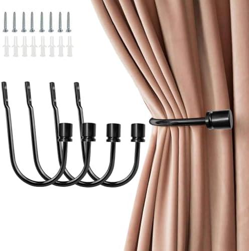 Coolnice Curtain Holdback,4 Pack Wall Mounted Drapery Tiebacks with Screws, Heavy Duty Metal Decorative Window Drapery Holder Curtain Hook U Shape for Home Office,Black