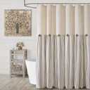 Farmhouse Shower Curtain Linen Beige Button Woven Fabric Country Rustic Western, Pleated Brown Stripe 54" W x 72" L