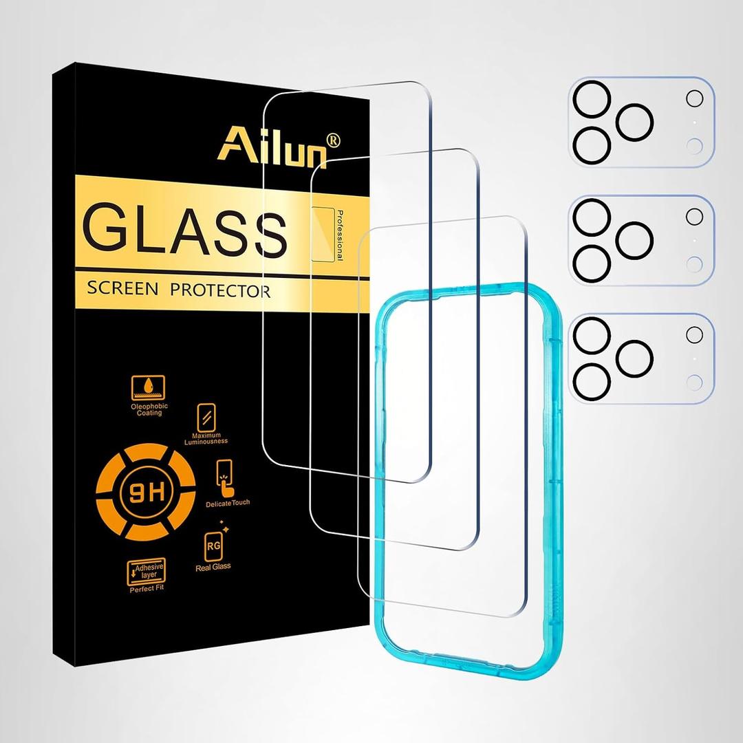 Ailun 3 Pack Screen Protector for iPhone 17 Pro [6.3 inch] + 3 Pack Camera Lens Protector with Installation Frame,Sensor Protection,Dynamic Island Compatible,Case Friendly Tempered Glass Film