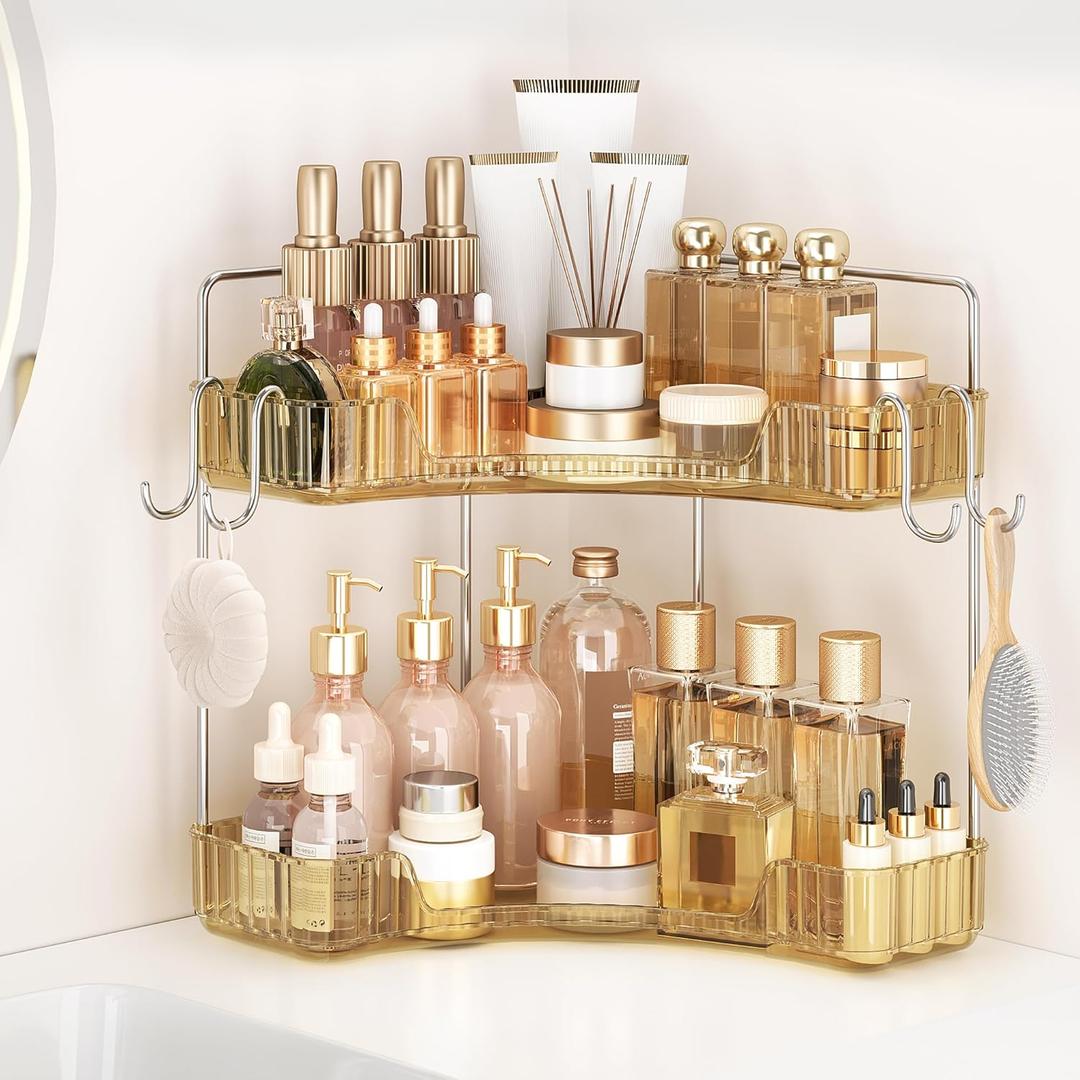 Golden Corner Counter Organizer, 2 - Tier Bathroom & Kitchen Storage Tray with Hooks | PET Vanity Organizer for Skincare, Makeup & Jewelry