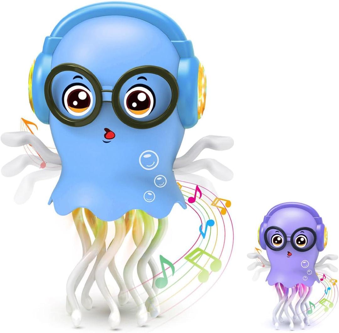 Kids Toy Dancing Jellyfish, Tummy Time Toy Interactive Jellyfish Bump and Go with Music & Lights, Learning Crawling Toys for Toddlers Baby 1 2 3 4 5 Years, Birthday for Boys Girls (Blue)