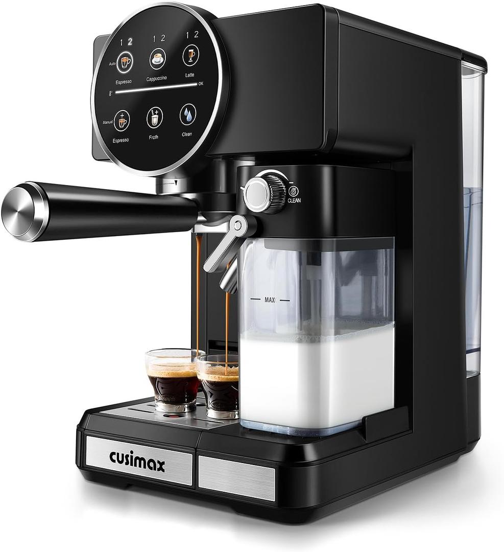 CUSIMAX Expresso Coffee Maker with Milk Frother,Cappuccino Machine Makes Espresso,Cappuccino,and Lattes with One-Touch Ease,and the Manual Mode Makes Creative Coffees with Cleaning Function (Glossy Black)
