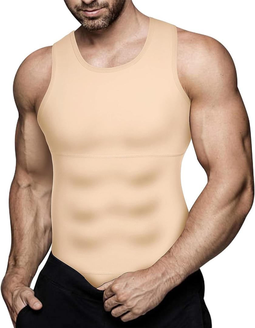 Mens Compression Shirt Slimming Body Shaper Vest Workout Tank Tops Abs Abdomen Undershirts (Large, Beige)