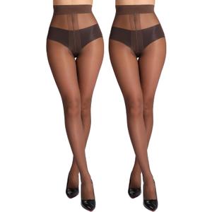 MERYLURE 20D Sheer Black Tights for Women, T-Crotch Ultra Thin Pantyhose High Waist Stockings Reinforced Toes 2 Pairs (Brown), X