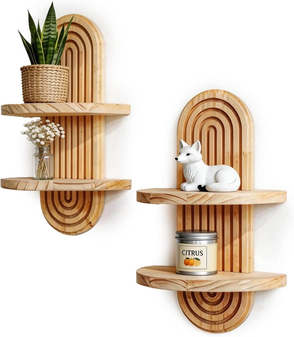 2PCS, Boho Shelves, Arched wall Shelf, Floating Shelf for Home Decor, wall Display for vases (Beige)