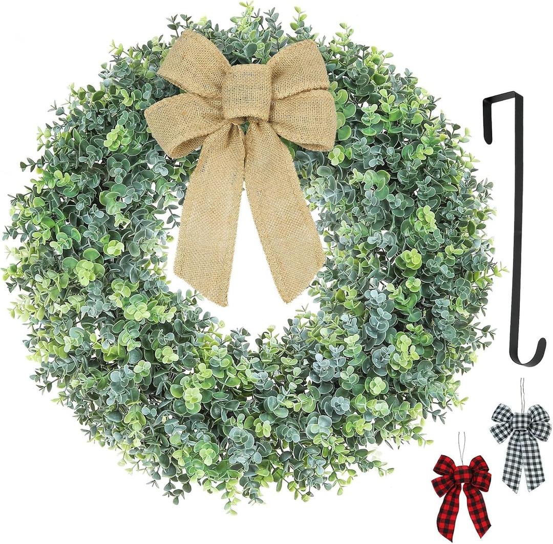 18inch Boxwood Wreath for Front Door, Spring Summer Fall Winter Wreath with 3 Bows and 1 Wreath Hanger Used in All Seasons for Front Door Back Door Indoor Outdoor Corridor (18inch) (Green)