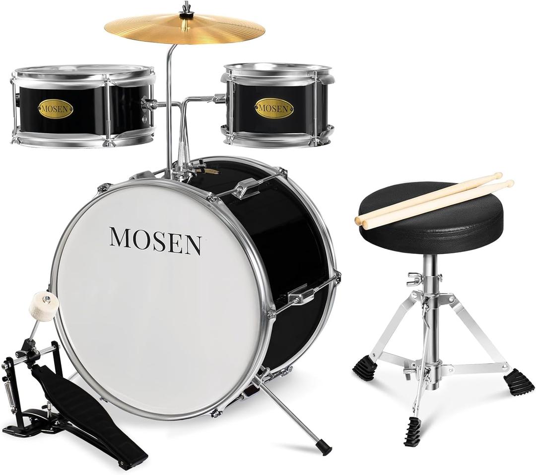 MOSEN 3-Piece Beginner Drum Set, Bass Tom Snare Percussion Kit with Adjustable Throne, Cymbal, Pedal & Drumsticks, Black