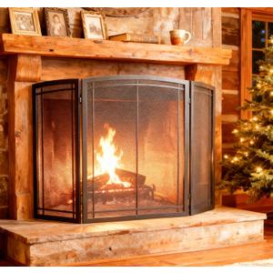 FireBeauty Fireplace Screen 3 Panel Wrought Iron Black Metal 48"(L) x30(H) Spark Guard Cover (Modern)