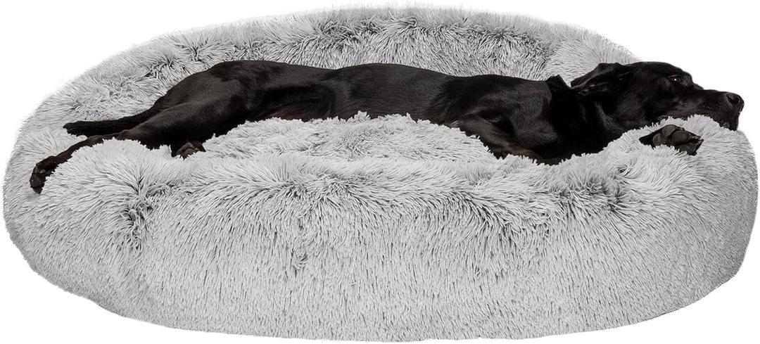 Furhaven 45" Round Calming Donut Dog Bed for Large Dogs, Refillable w/ Removable Washable Cover, For Dogs Up to 90 lbs - Shaggy Plush Long Faux Fur Donut Bed - Mist Gray, Jumbo/XL, 45.0"x45.0"x9.0"