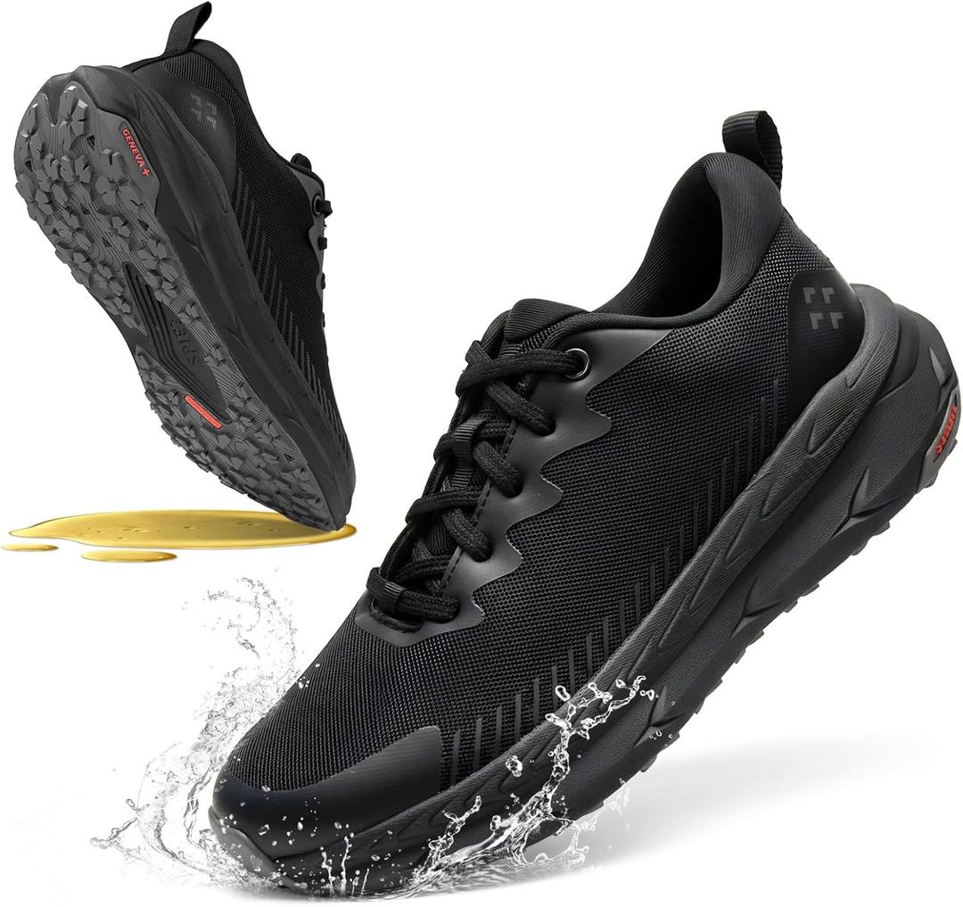 SPIEZ Non Slip Work Shoes for Men, Oil & Slip Resistant Kitchen Chef Food Service Safety Shoes, Air Cushion Lightweight Breathable Work Sneakers for Standing All Day Black, US 7.5-12